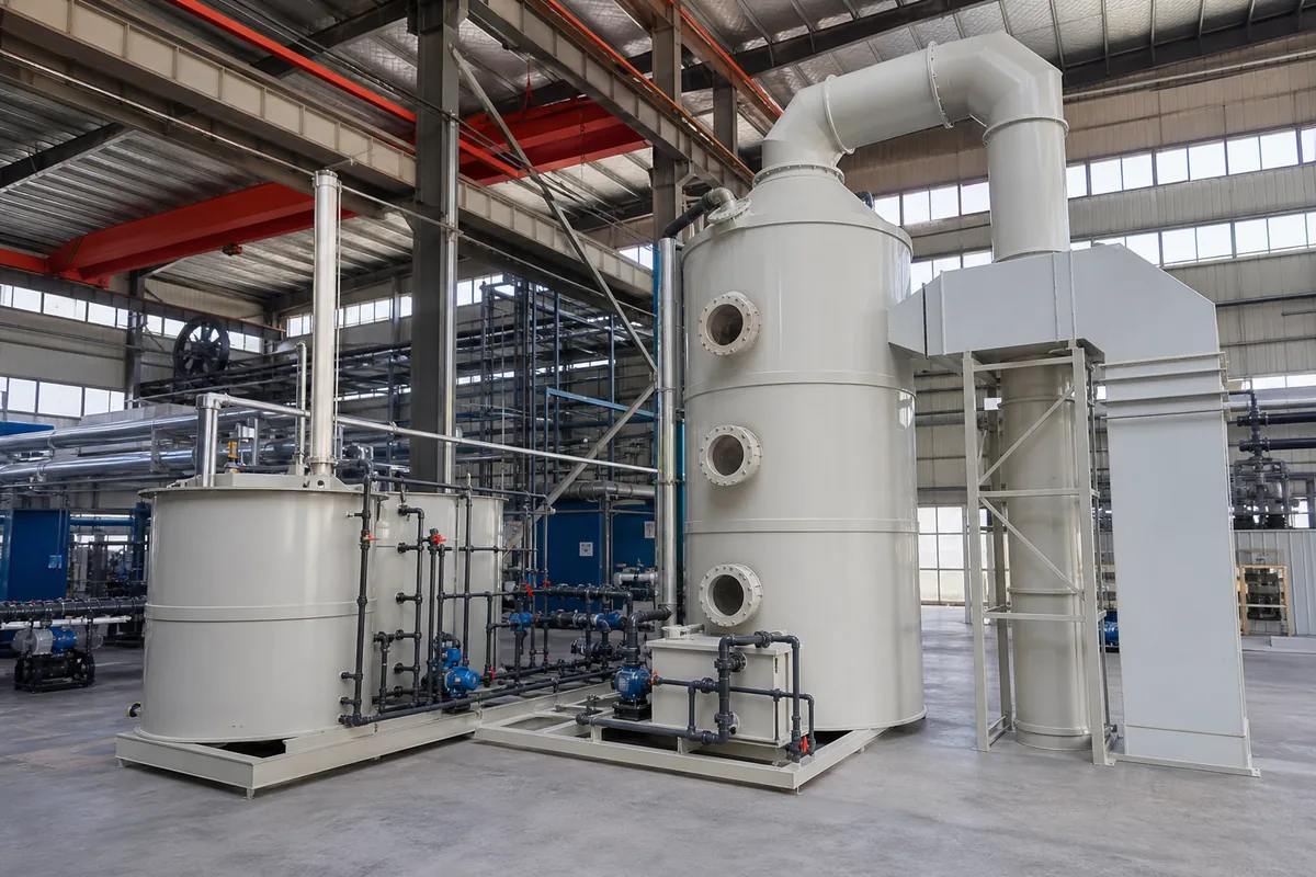 Low-angle three-quarter view of a polypropylene vertical packed-bed ammonia scrubber with acid liquor recirculation tank, piping, pumps, and mist eliminator ductwork in an industri