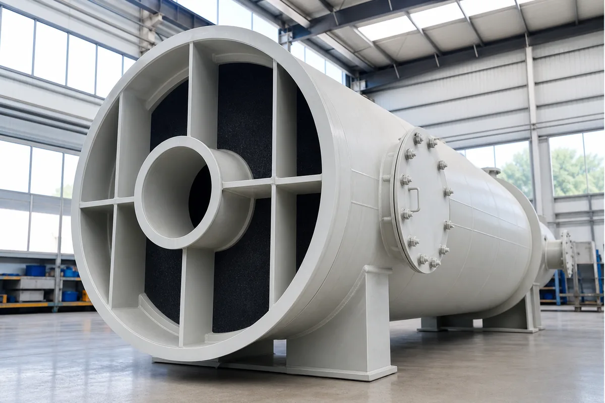 Low-angle industrial photograph of a PP activated carbon adsorption vessel with access hatch and duct flanges, viewed from the inlet face to emphasize carbon bed velocity.