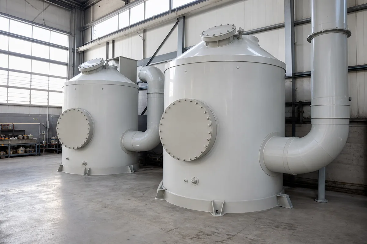 Industrial activated carbon adsorption vessels with top access hatches and connected ductwork, photographed from a low three-quarter angle in a fabrication shop.