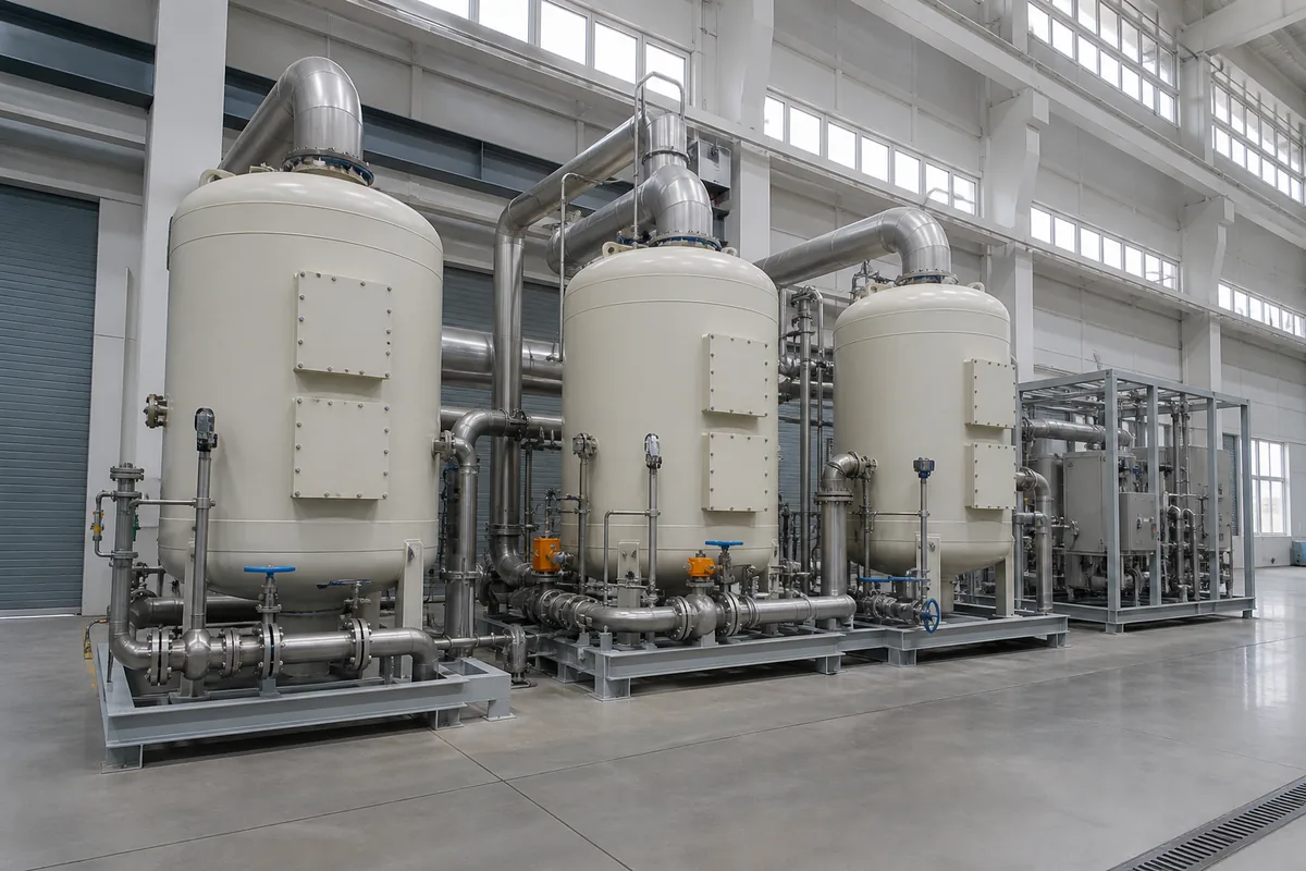 Industrial activated carbon adsorption vessels with catalytic desorption skid, stainless ductwork and control valves, photographed from a low three-quarter angle in a clean factory