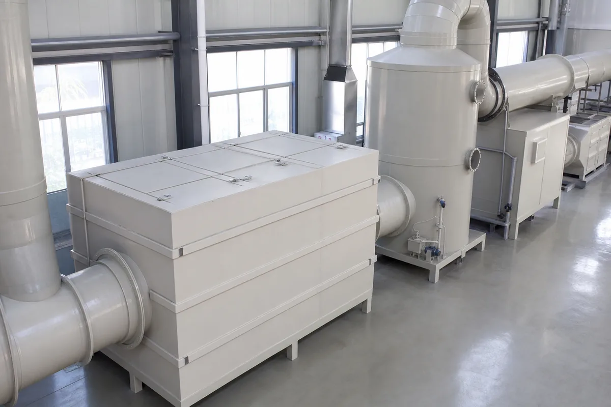 Industrial photo of a horizontal carbon adsorption box beside a vertical carbon tower in a ducted treatment line, shot from a high three-quarter angle.