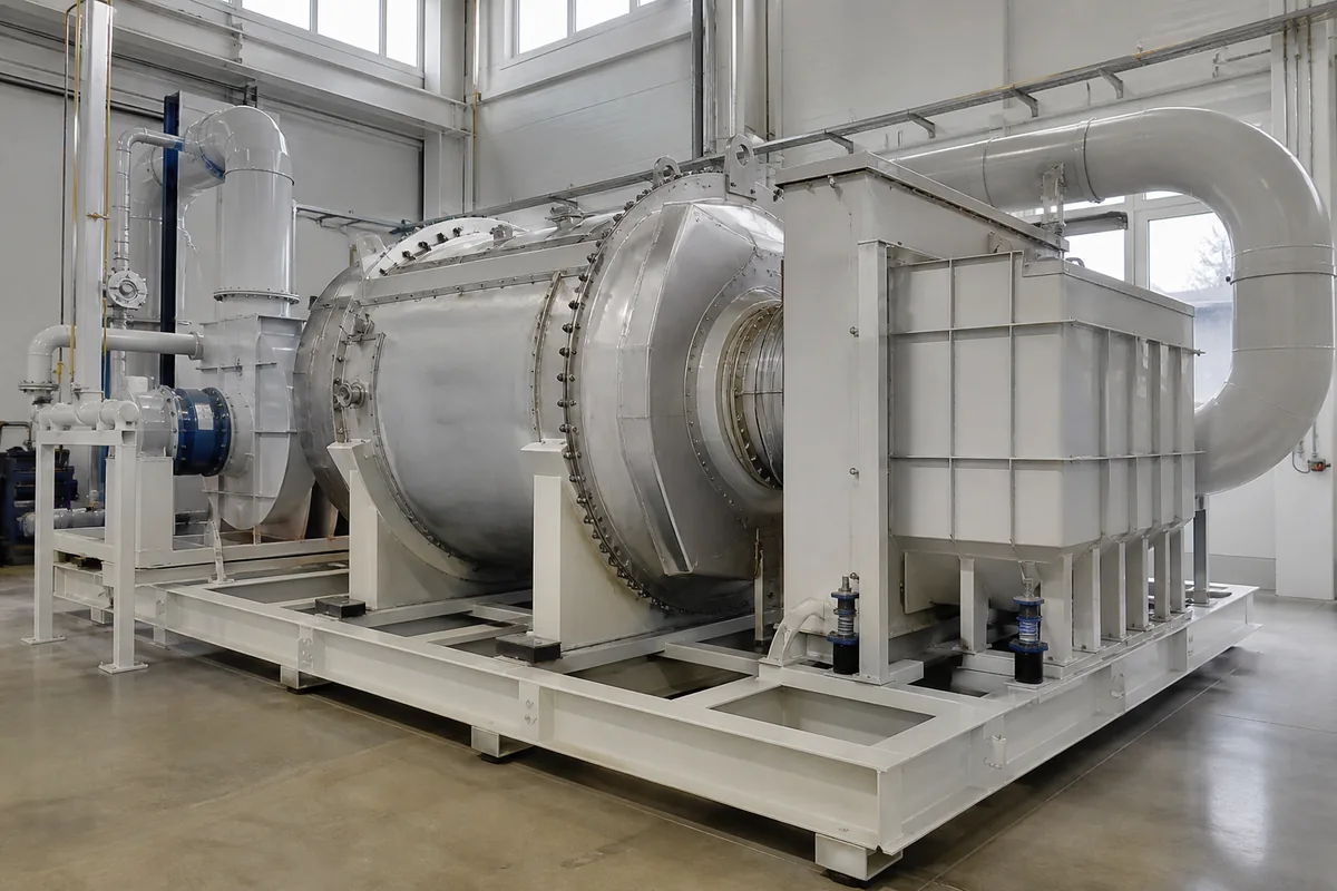 Industrial catalytic VOC oxidizer skid with stainless reactor chamber, heat exchanger, and ducting, photographed from a low three-quarter front angle in a clean plant room.