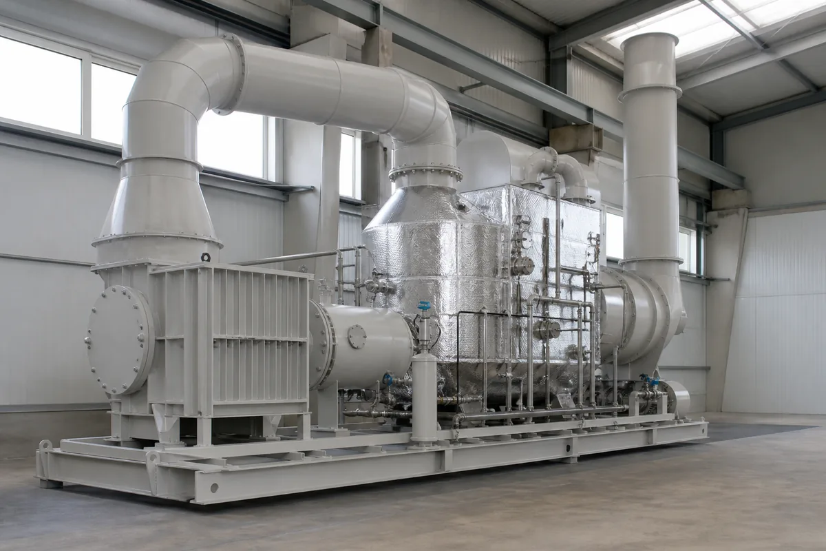 Low-angle industrial photograph of a stainless-steel catalytic oxidizer skid with insulated reactor, heat exchanger, ducting, and stack inside a clean factory bay.