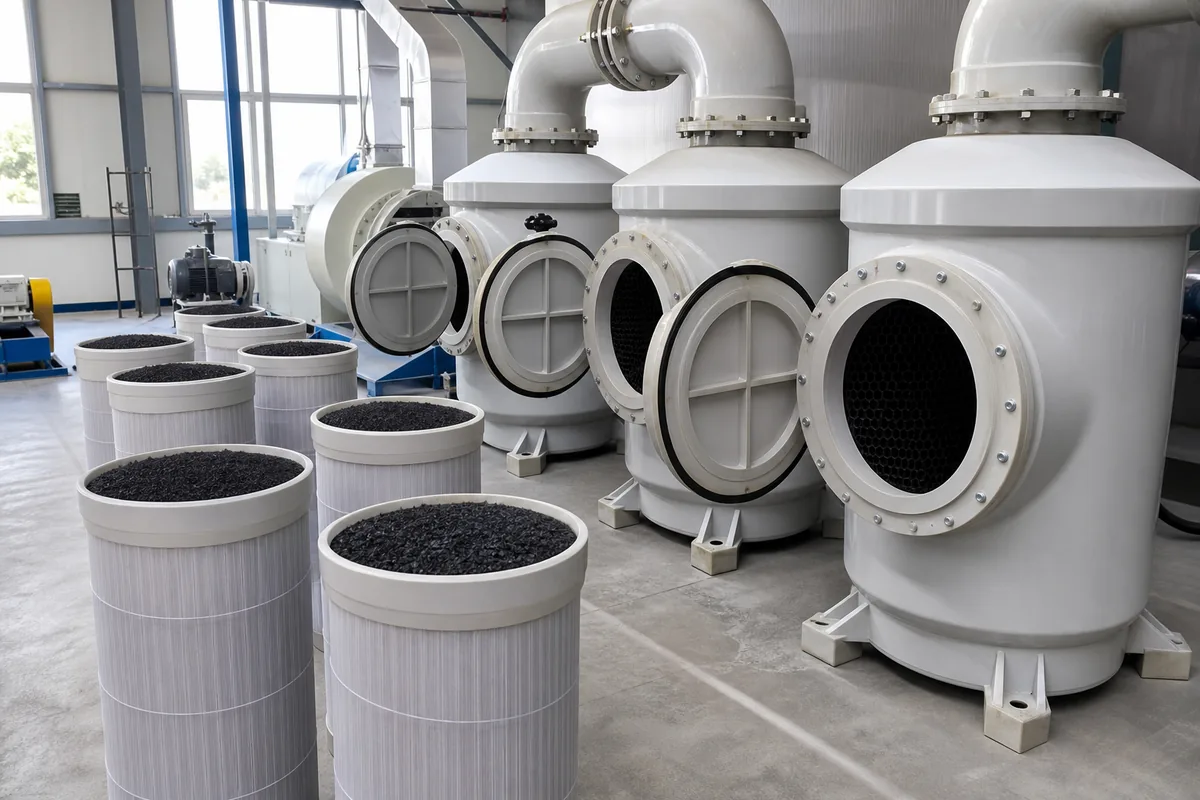 Activated carbon adsorption vessels with open access hatches and replacement carbon drums, photographed from a slightly elevated three-quarter front angle in an industrial air-poll