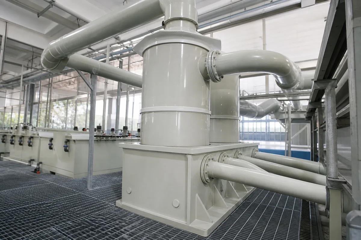 Industrial chrome plating fume scrubber with polypropylene ducting and mist eliminator, photographed from a low three-quarter angle beside plating tank exhaust connections.