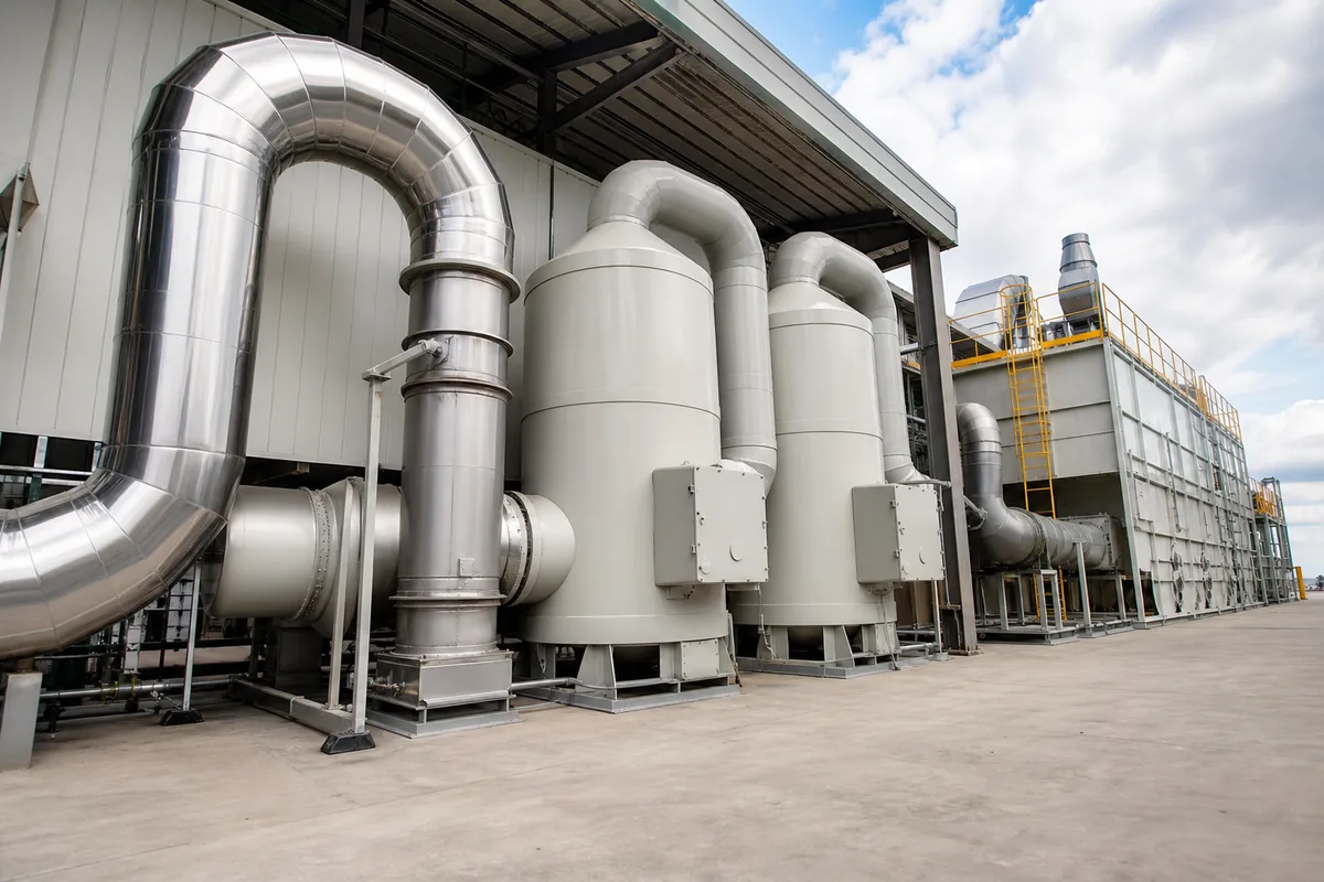 Low-angle industrial photograph of a coating line VOC treatment train with stainless ducting, carbon adsorber vessels, and regenerative thermal oxidizer, viewed from the inlet side
