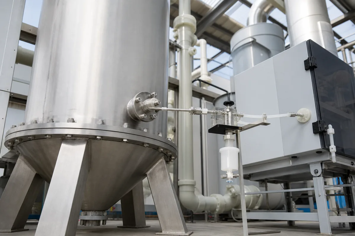 Low-angle industrial photograph of a stainless activated carbon adsorption vessel with outlet sampling probe and gas analyzer tubing, emphasizing carbon breakthrough detection hard