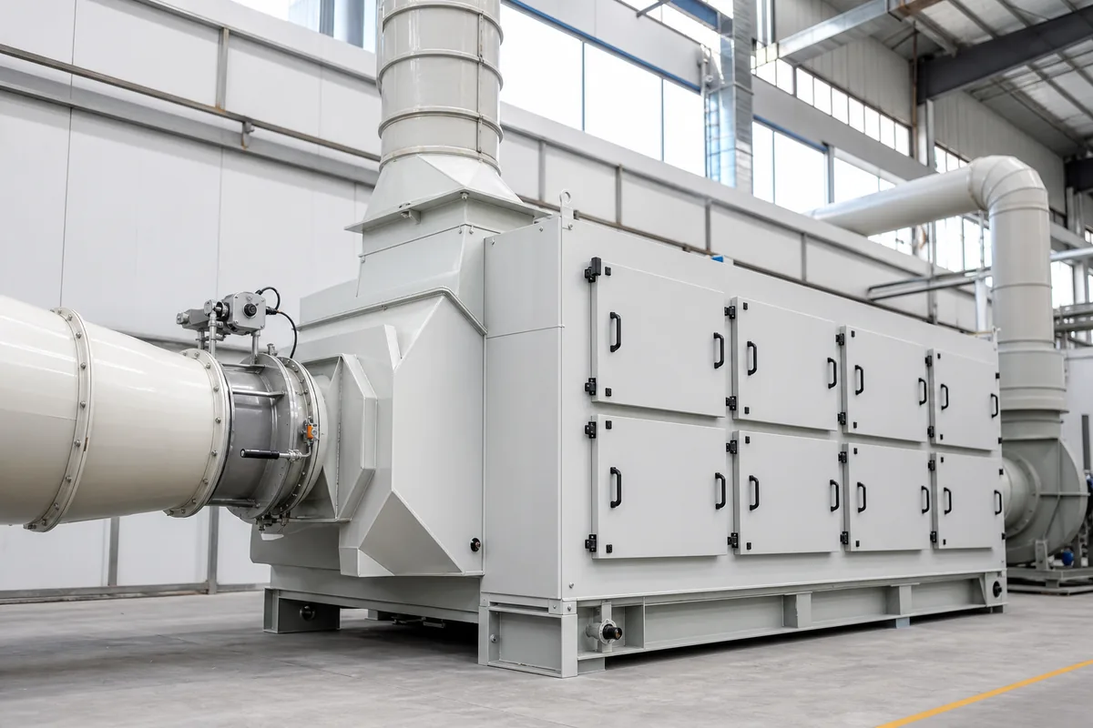 Industrial VOC activated carbon adsorption unit with ductwork and dampers, photographed from a low front three-quarter angle, no people, no text.