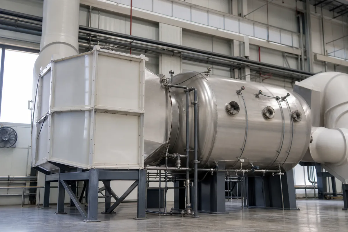 Low-angle industrial photograph of a stainless activated carbon adsorber with upstream spark arrestor housing, ductwork, and bed temperature monitoring ports visible.