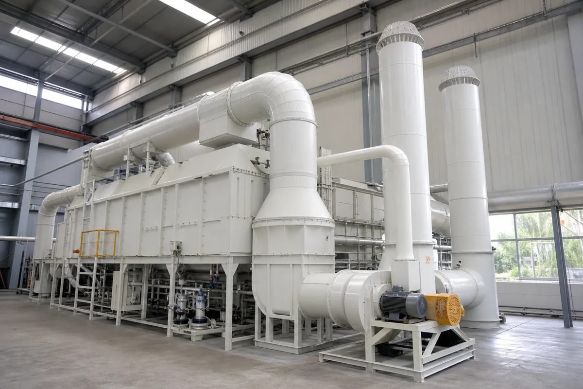 Wide-angle view of a regenerative thermal oxidizer with heat-recovery ductwork and insulated exhaust stacks, photographed from a low front three-quarter industrial perspective.