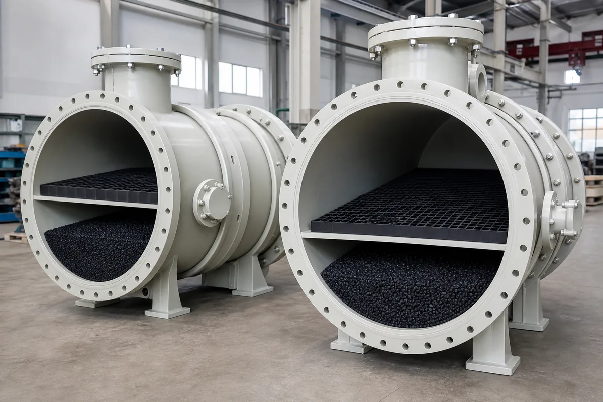 Industrial activated carbon adsorption vessels with honeycomb and pellet media trays exposed, photographed from a low three-quarter front angle in a clean factory setting.