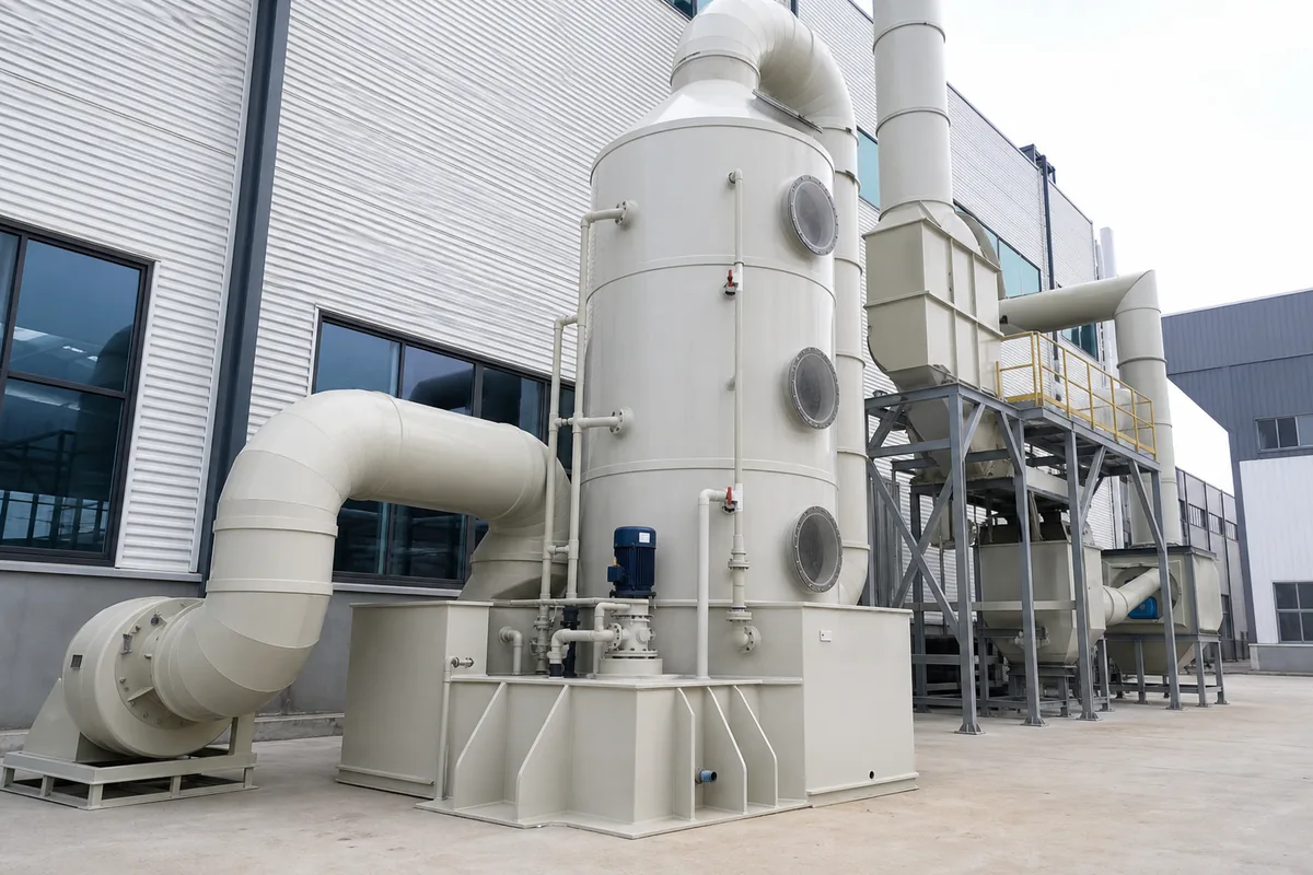 A polypropylene wet scrubber tower with recirculation pump and ducting, photographed from a low front three-quarter angle in an industrial exhaust treatment area.