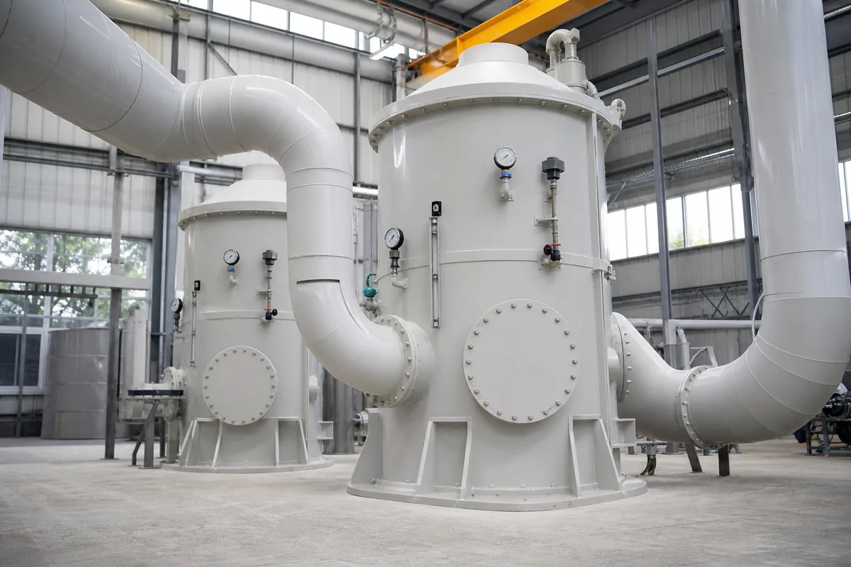 Industrial activated carbon adsorption vessels with inlet ducting and pressure gauges, photographed from a low three-quarter angle in a clean air-pollution-control plant.