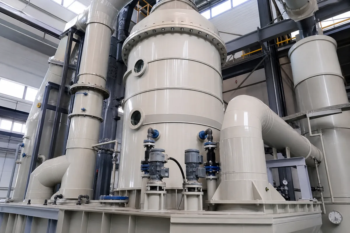 Close-up low-angle photograph of a corrosion-resistant HF acid scrubber vessel with ducting, pumps, and reinforced composite lining in a chemical plant.