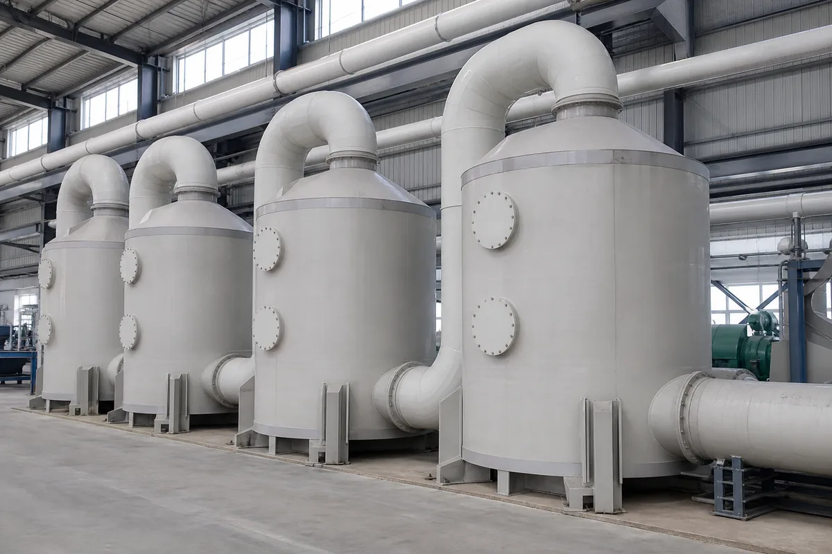 Industrial impregnated carbon odor control adsorber vessels with PP ducting, photographed from a low three-quarter front angle in a clean air-pollution-control facility.
