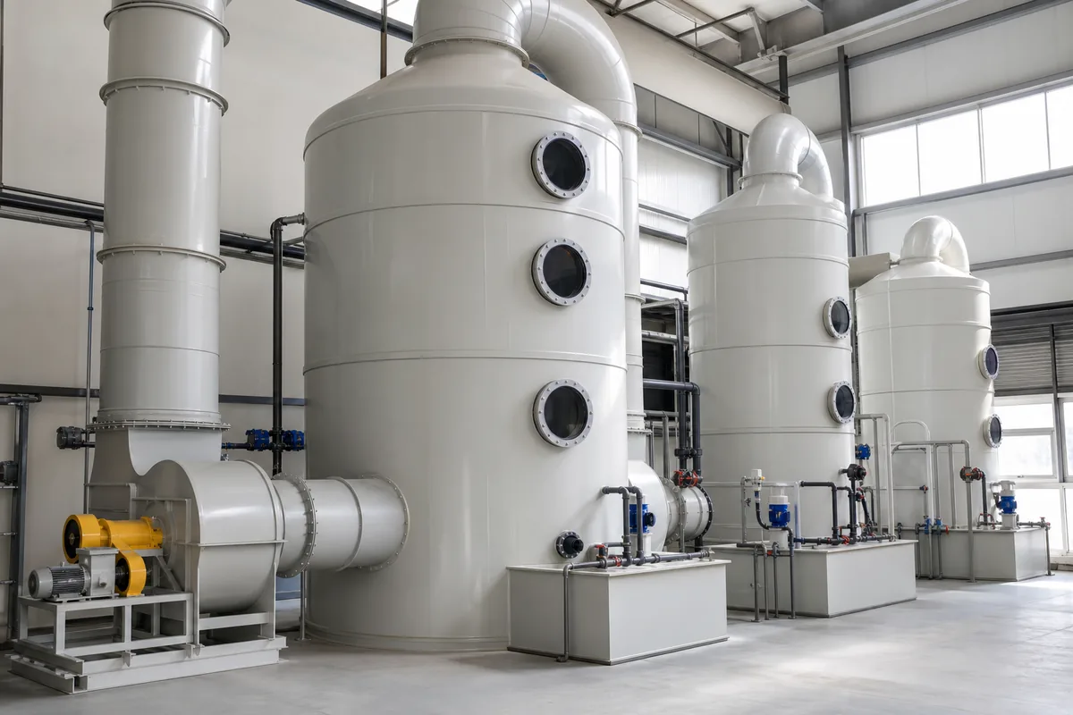 Industrial activated carbon adsorption vessels with connected ductwork and valves, photographed from a low three-quarter angle in a clean air-pollution-control plant, no people or 