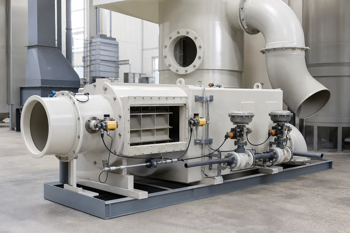 Close-up three-quarter view of a VOC exhaust duct dilution-air interlock skid with LEL sensor ports, dampers, and control valves in an industrial air-pollution-control system.