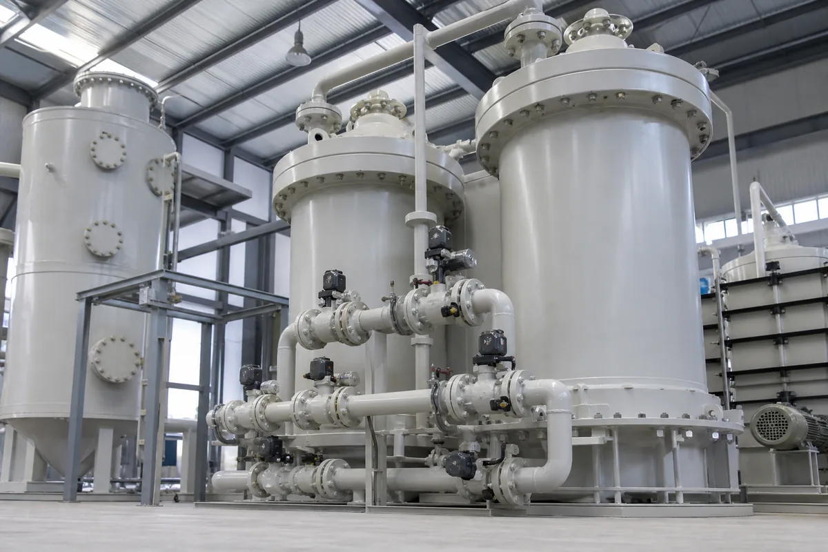Low-angle industrial photograph of twin gas adsorption vessels with connected piping and valves, representing molecular sieve and activated carbon air-pollution-control systems.