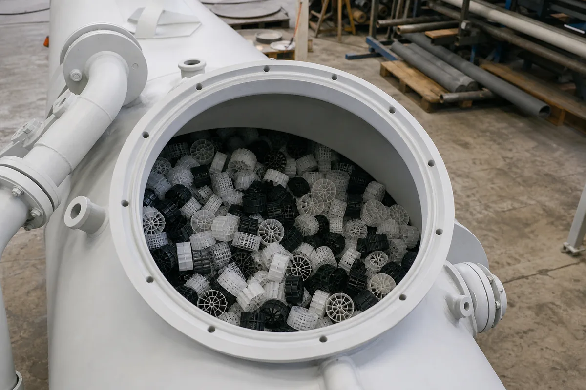 Angled close-up of an open PP packed-bed scrubber vessel showing mixed packing media inside, photographed from above the manway in an industrial workshop.