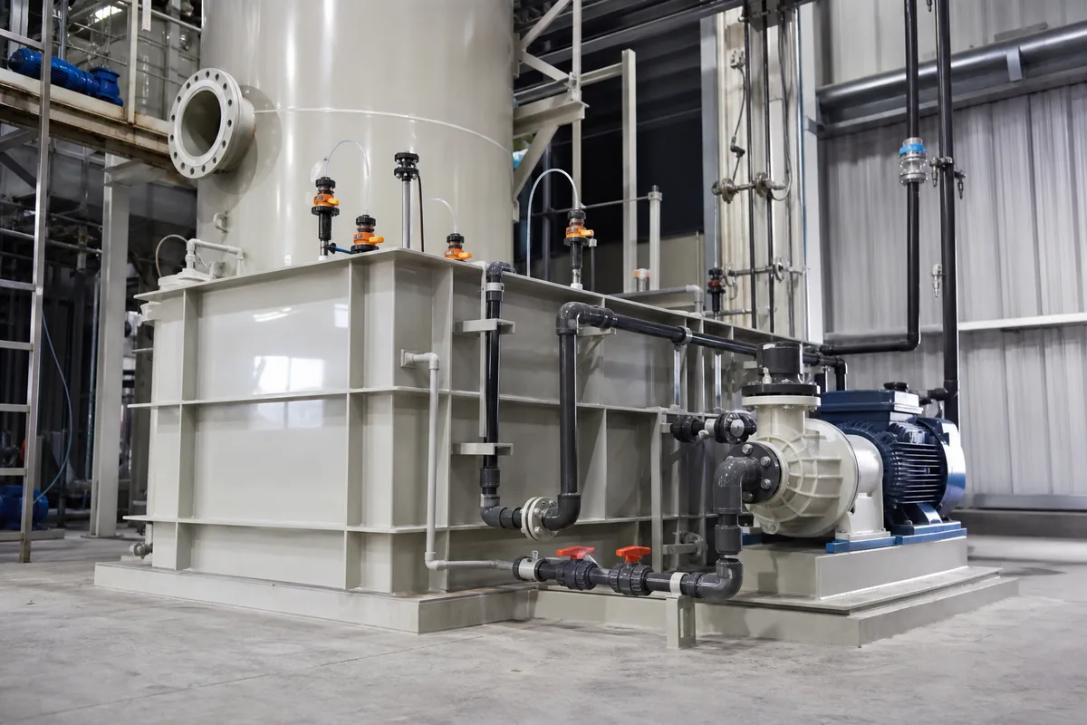 Low-angle view of a polypropylene packed-bed scrubber sump with recirculation pump, dosing lines, bleed valve, and make-up water piping in an industrial plant.