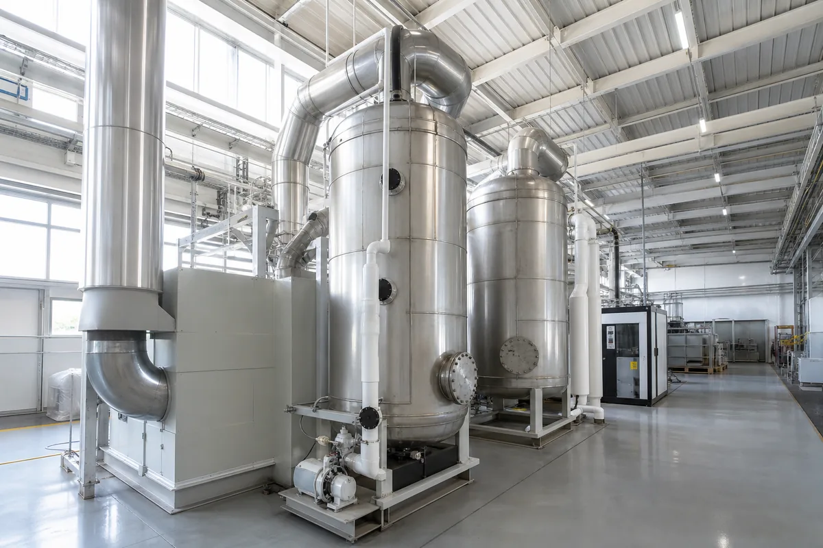 Activated carbon solvent recovery system with stainless-steel adsorber vessels and ductwork, photographed from a low three-quarter angle inside a printing plant VOC control area.