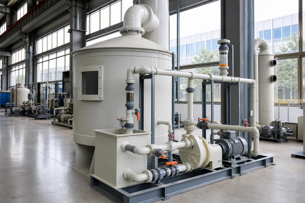 Low-angle three-quarter view of a PP scrubber recirculation system showing tank, centrifugal pump, valves, and piping skid in an industrial workshop.