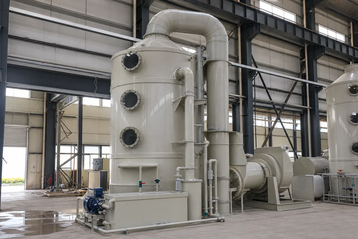 PP vertical scrubber vessel with ducting and recirculation piping, photographed from a low front three-quarter angle inside an industrial fabrication bay.