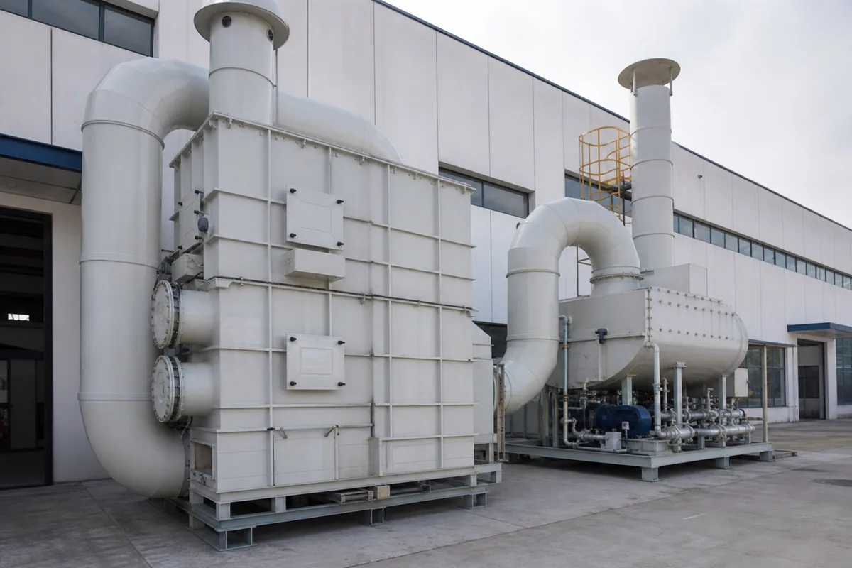Wide-angle three-quarter view of an industrial regenerative thermal oxidizer beside a catalytic oxidizer skid, showing ductwork, stacks, and insulated chambers in a clean plant set