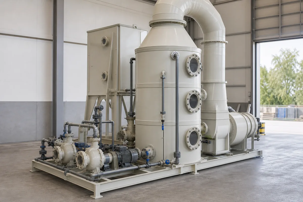A polypropylene packed-bed scrubber skid with recirculation pumps, ducting, and inspection ports photographed from a low three-quarter front angle in a clean industrial bay.