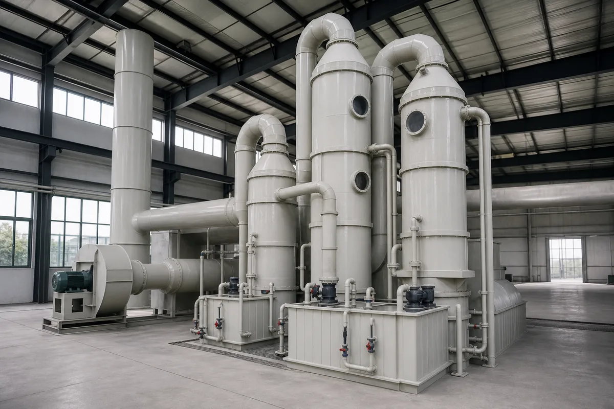 Industrial photo of a polypropylene two-stage HCl fume scrubber with packed towers, recirculation tanks, ducting, and exhaust fan, shot from a low three-quarter front angle.