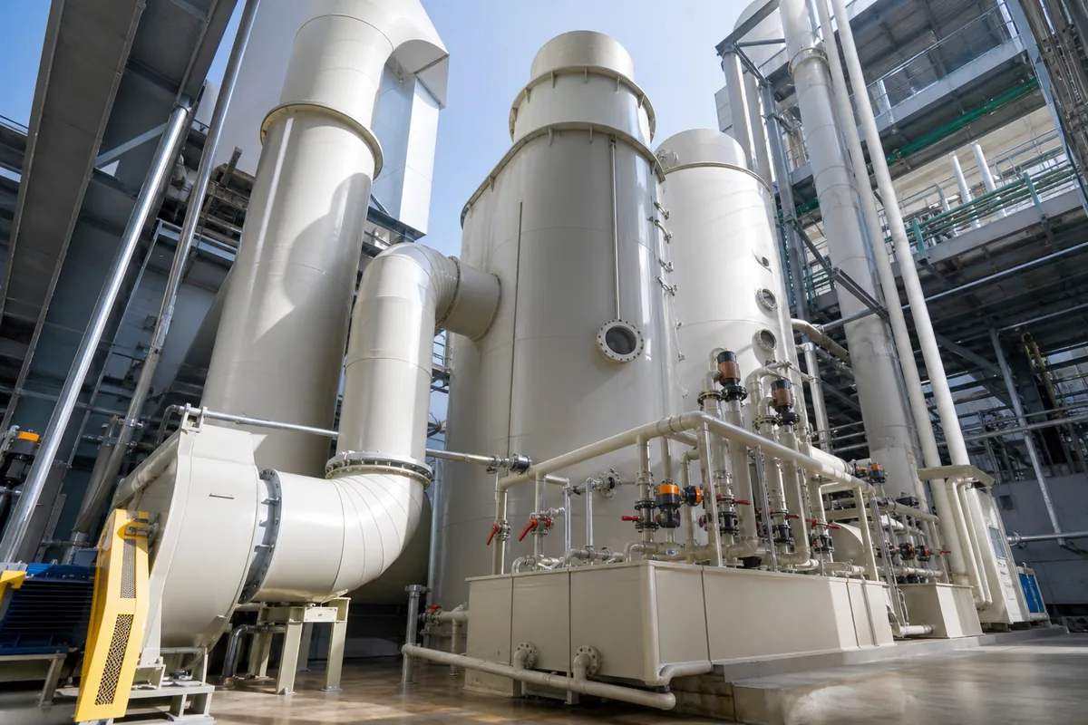 Low-angle industrial photograph of a polypropylene NOx scrubber tower with ducting, mist eliminator housing, and recirculation piping in a chemical plant setting.