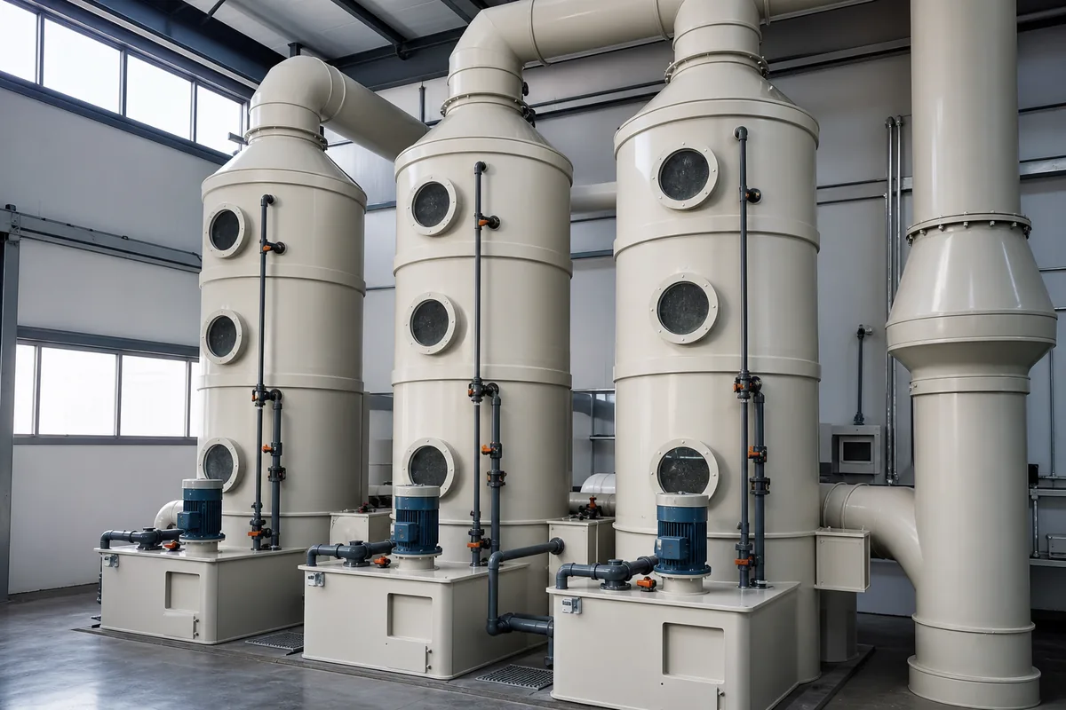 Industrial photo of three adjacent polypropylene wet scrubber columns with ducting and pumps, shot from a low three-quarter angle in a clean process plant.