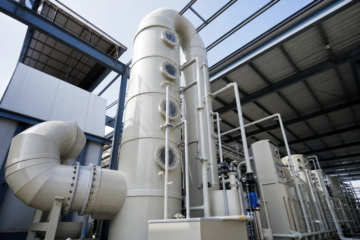 Low-angle industrial photograph of a vertical PP packed-bed scrubber tower with inlet ducting, recirculation piping, and access flanges in a chemical plant.