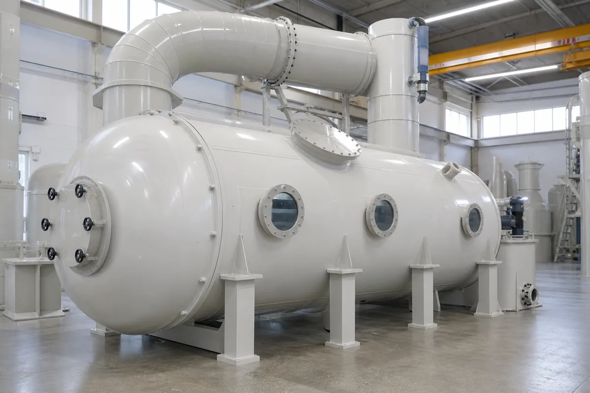 Industrial activated carbon adsorber vessel with ductwork and access ports, photographed from a low three-quarter front angle in a clean factory setting.