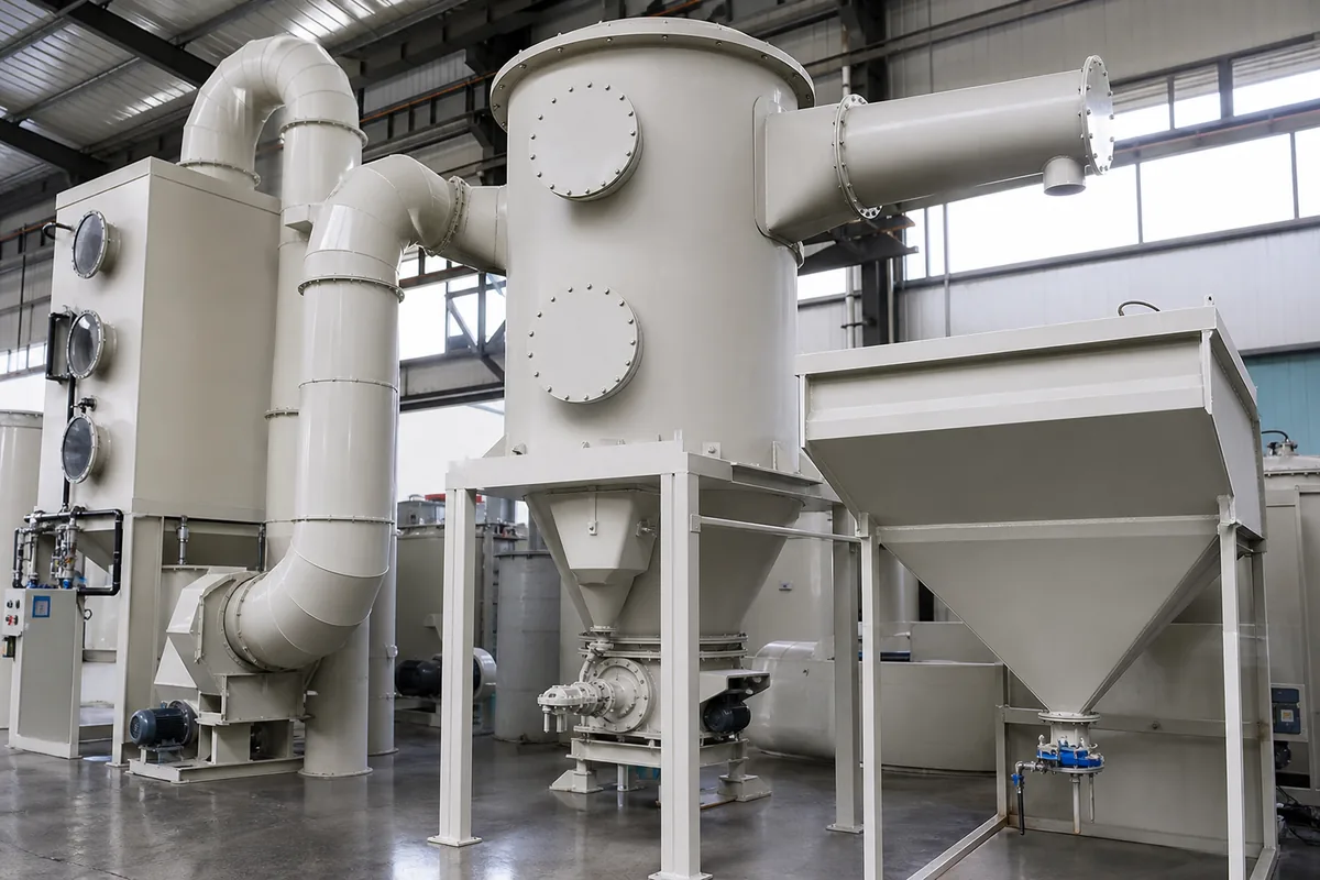 Industrial activated carbon adsorption vessel with connected ductwork and spent carbon discharge hopper, photographed from a low three-quarter angle in a clean plant setting.