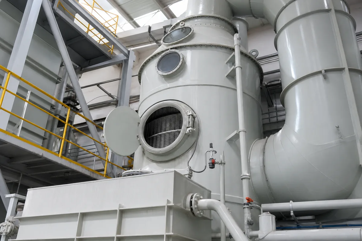 Low-angle view of a polypropylene sulfuric acid mist scrubber with demister access section, ducting, and recirculation piping in a clean industrial plant.