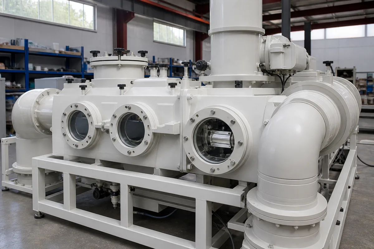 Close front-angle view of a compact UV photolysis VOC treatment skid with plasma reactor chamber, duct connections, and inspection ports in an industrial workshop.
