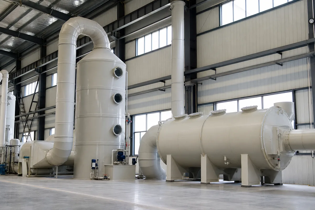 Wide-angle low-side view of a vertical PP scrubber beside a horizontal scrubber, emphasizing height clearance and floor footprint in an industrial ventilation bay.