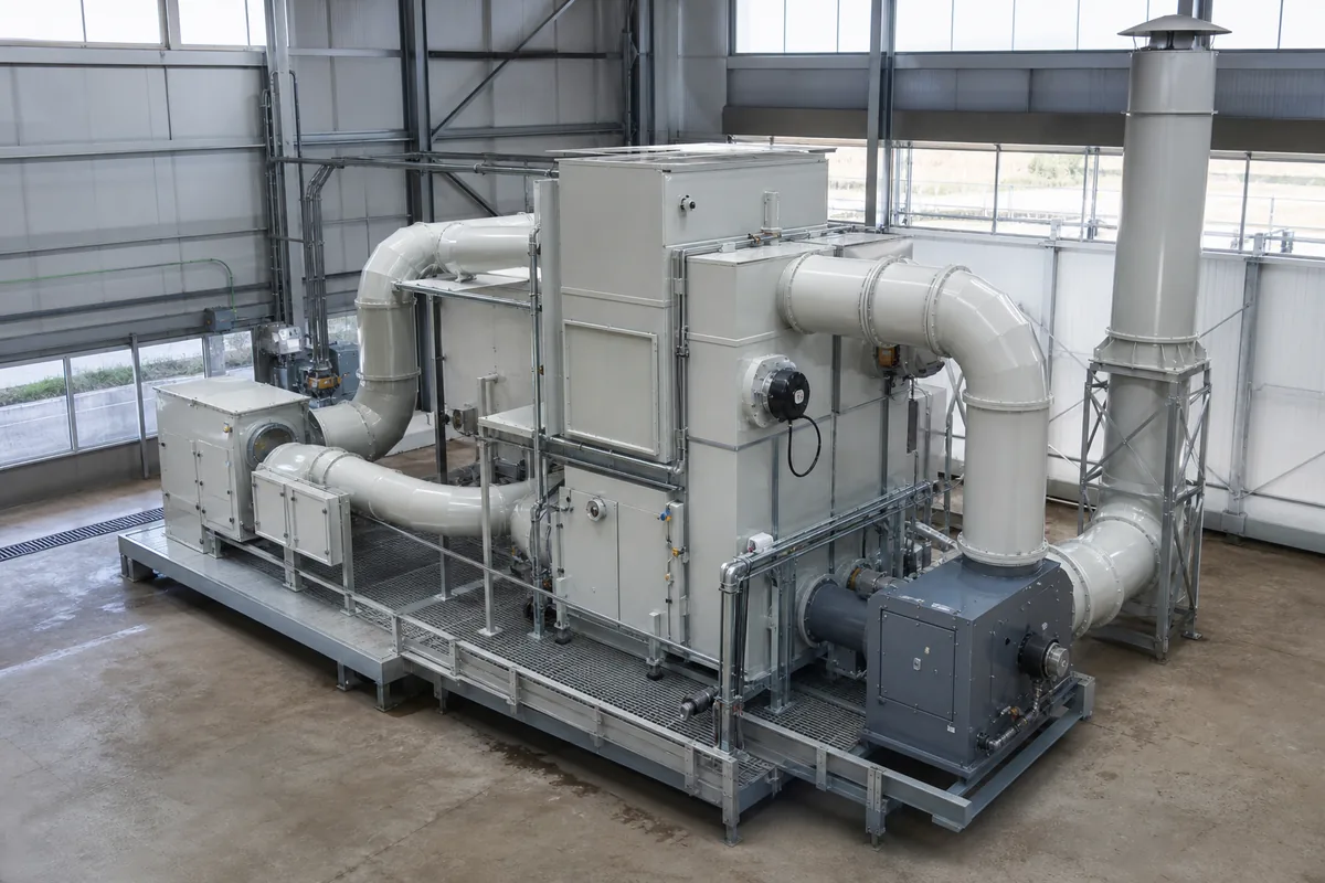 Three-quarter elevated view of a regenerative thermal oxidizer skid with ductwork, burner housing, and exhaust stack in an industrial VOC abatement installation.