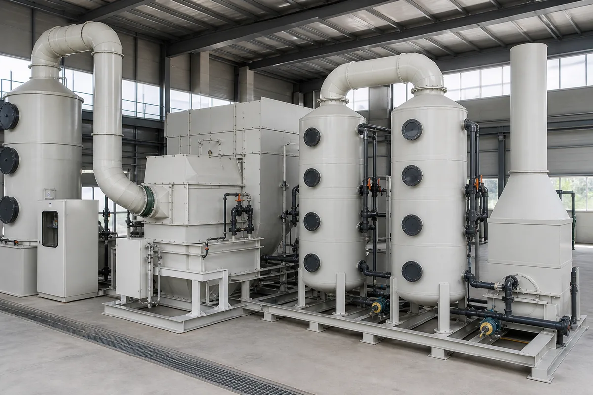 Wide-angle three-quarter view of a VOC abatement skid with oxidizer, carbon adsorber vessels, ducting, dampers, and stack in a clean industrial plant.