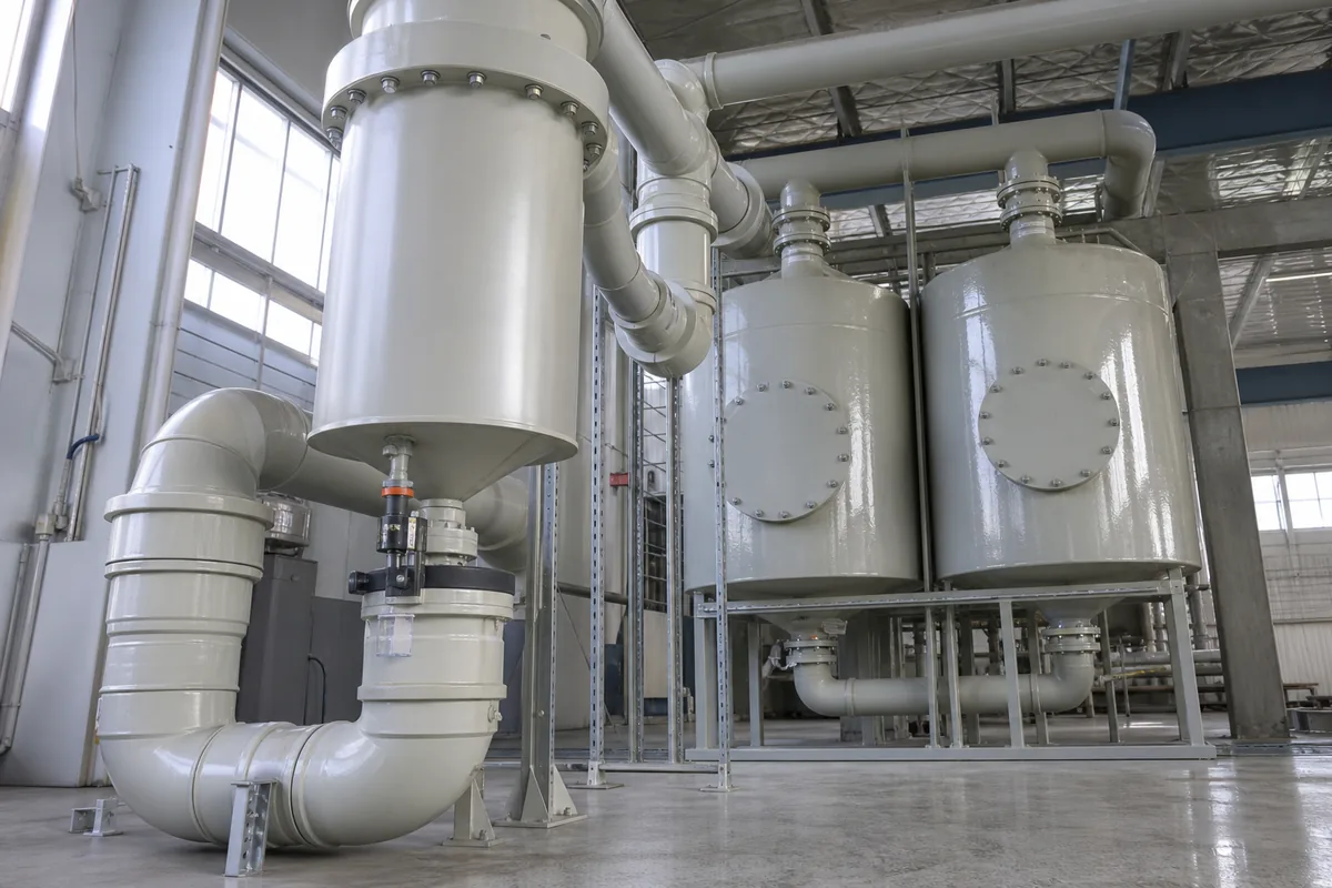 Low-angle industrial photo of a PP ducted moisture separator upstream of twin activated carbon adsorber vessels, showing humid exhaust piping and drain traps.