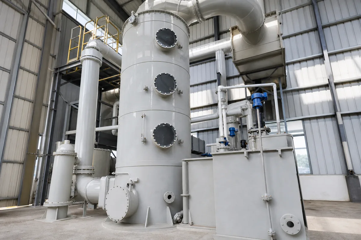 Low-angle industrial photograph of a PP packed-bed scrubber tower with recirculation piping, mist eliminator housing, and ductwork, emphasizing access ports and maintenance-prone c