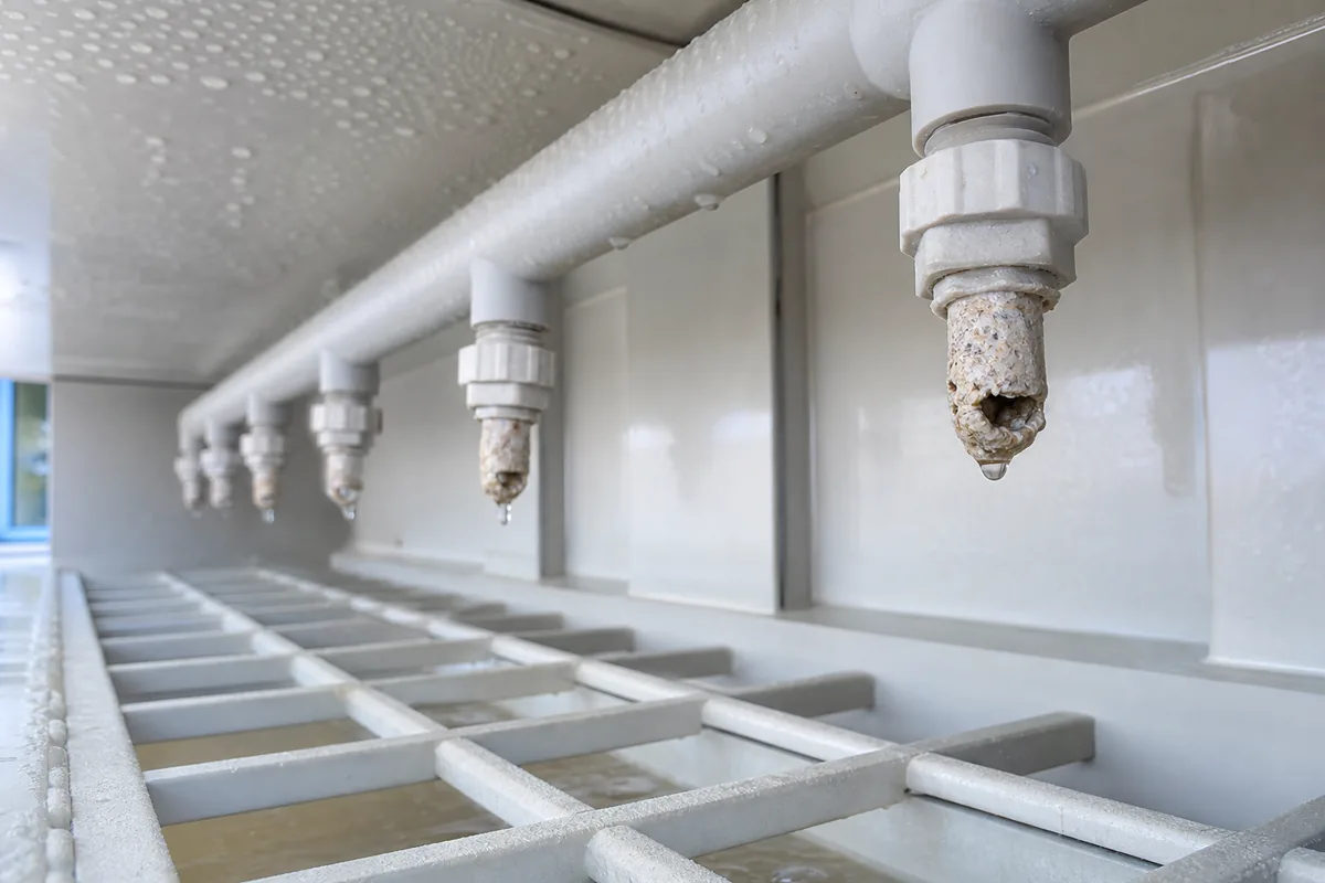 Close-up angled view inside a wet scrubber showing clogged spray nozzles on a PP header pipe, with mineral buildup and droplets visible.