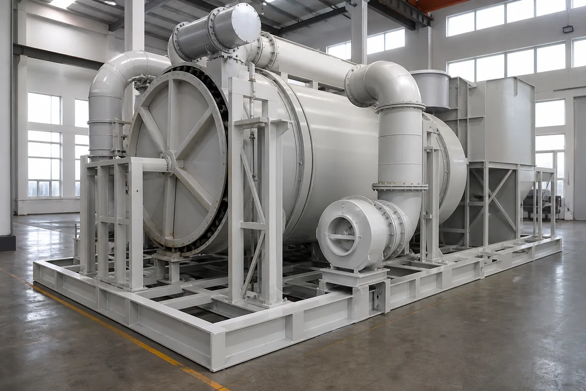 Industrial zeolite rotor concentrator skid with ductwork, fans, and oxidizer interface, photographed from a low front three-quarter angle in a clean factory setting.