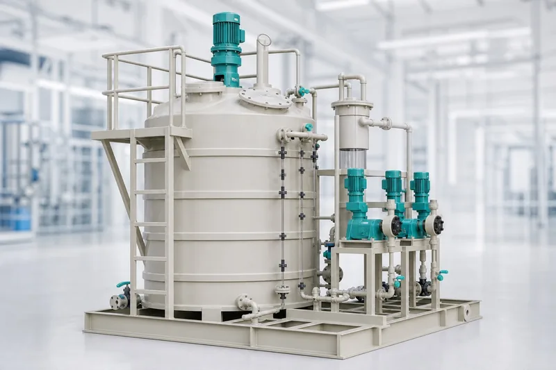 PP dosing system with agitated tank and metering pumps on a skid