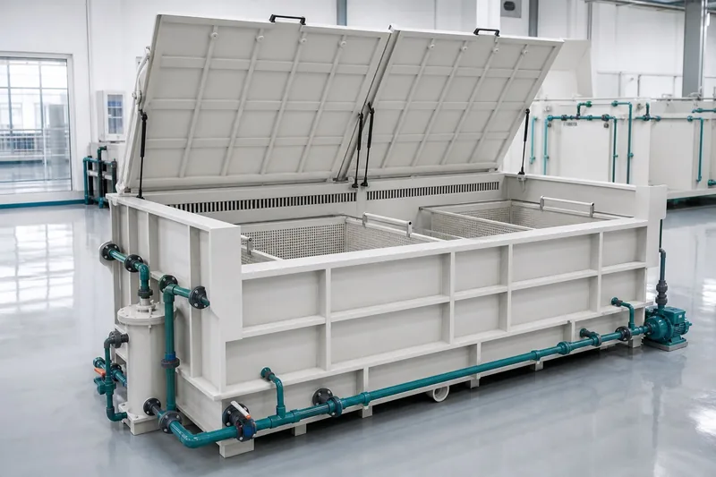 PP pickling tank with hinged covers and part baskets