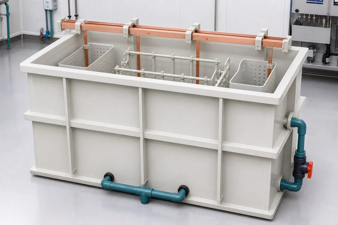 PP process tank with busbars and part baskets for a surface finishing line