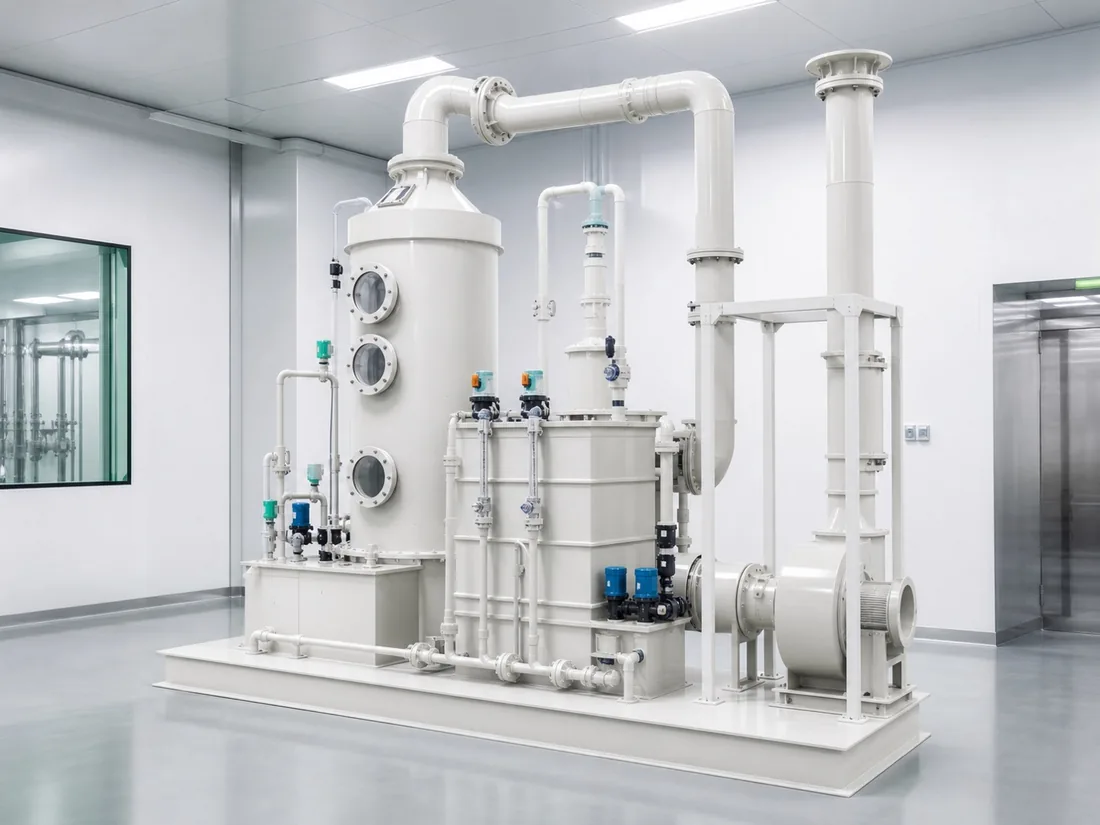 Solvent exhaust treatment skid with scrubber, dosing tanks, fan and stack