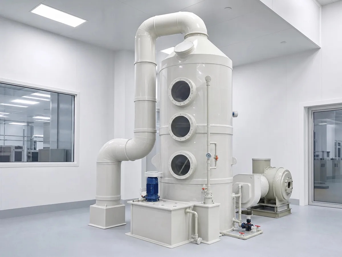 Complete fume extraction system: duct, scrubber tower, recirculation tank and corrosion-proof fan